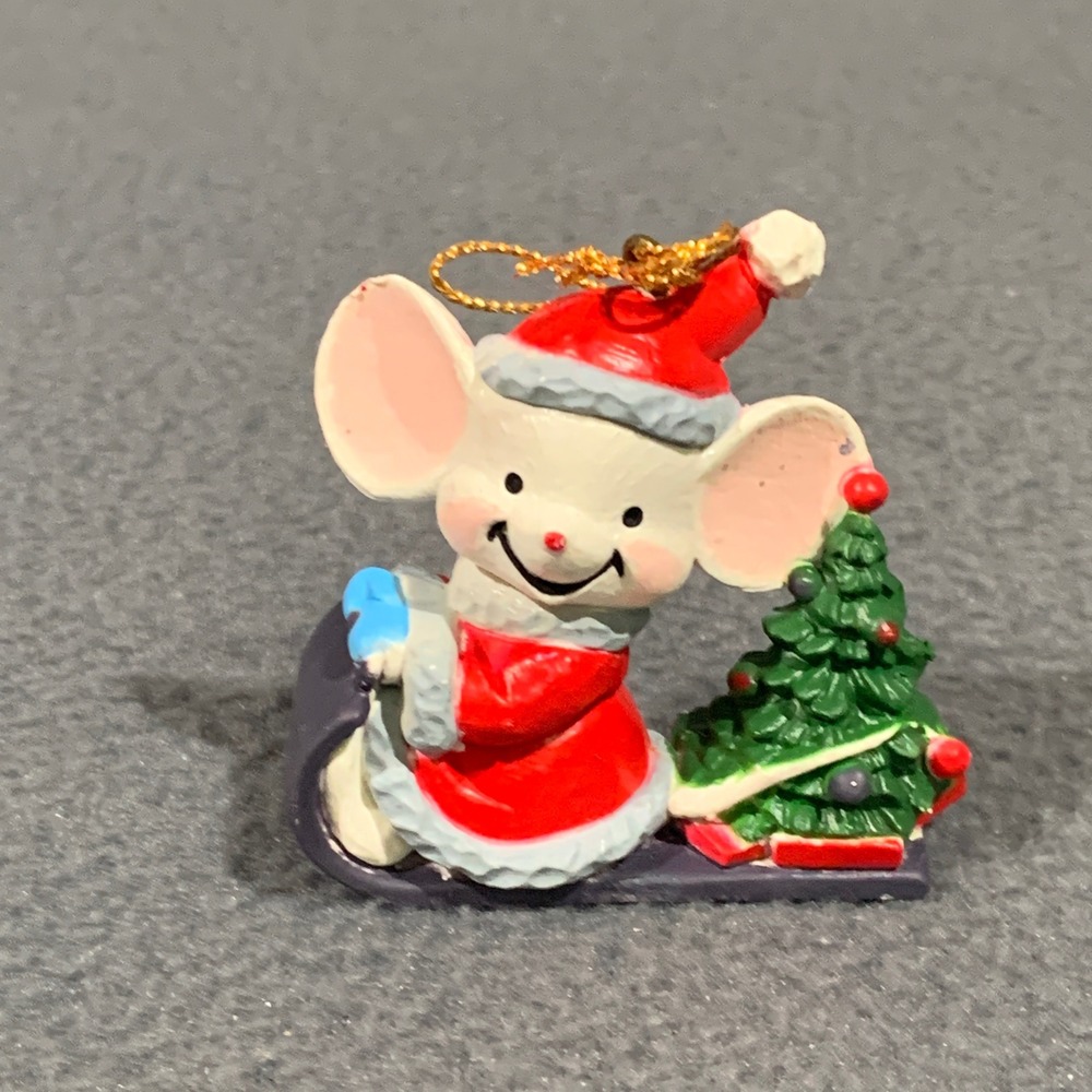 Vintage Christmas Mouse Sledding Ornament Santa Hat Tree Cute Holiday Decoration